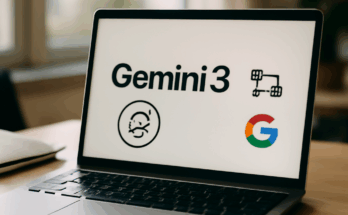 Beitragsbild zeigt Googles Logo vor digitalem Hintergrund mit Symbolen für KI, Text und Agenten, visualisiert die Einführung von Gemini 3 und der neuen Agenten-Plattform für fortschrittliche KI-Anwendungen.