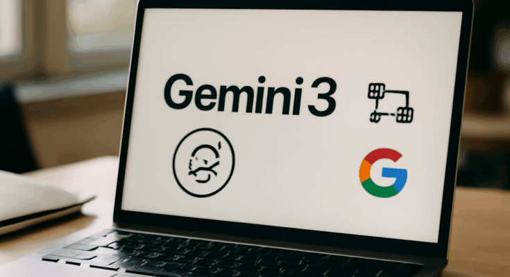 Beitragsbild zeigt Googles Logo vor digitalem Hintergrund mit Symbolen für KI, Text und Agenten, visualisiert die Einführung von Gemini 3 und der neuen Agenten-Plattform für fortschrittliche KI-Anwendungen.
