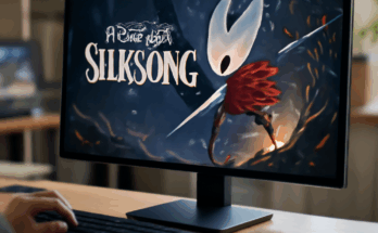 Key-Art zu Hollow Knight: Silksong: Protagonistin Hornet in dynamischer Kampfpose in einer düsteren, handgezeichneten 2D-Insektenwelt, symbolisiert den explosiven Release mit über 535.000 gleichzeitigen Steam-Spielern, kurzzeitigen Steam-Problemen und dem riesigen Community-Hype samt Memes und Streams.