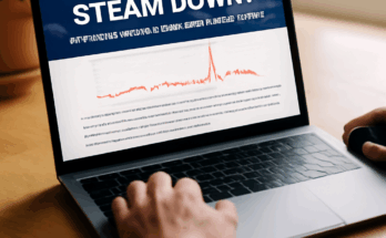 Alt-Text: „Symbolbild zu Steam-Störungen: Bildschirm mit geöffnetem Steam-Client, rote Warn- und Fehlermeldung ‚Verbindung fehlgeschlagen‘, im Hintergrund angedeutete Server- und Netzwerkdiagramme, die auf Ausfälle und hohe Auslastung hinweisen.“