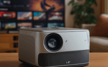 Alt-Text: „Kompakter JMGO N3 4K Triple-Laser-Projektor in modernem Wohnzimmer, auf TV-Board platziert, projiziert ein helles, farbintensives 4K-HDR10-Bild an die Wand; das Gerät mit dezentem, rechteckigem Gehäuse steht als zentrale Streaming- und Heimkino-Lösung mit Google-TV-Oberfläche im Fokus.“