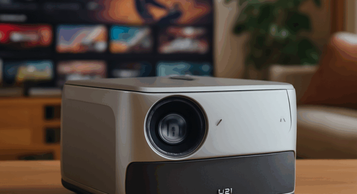 Alt-Text: „Kompakter JMGO N3 4K Triple-Laser-Projektor in modernem Wohnzimmer, auf TV-Board platziert, projiziert ein helles, farbintensives 4K-HDR10-Bild an die Wand; das Gerät mit dezentem, rechteckigem Gehäuse steht als zentrale Streaming- und Heimkino-Lösung mit Google-TV-Oberfläche im Fokus.“