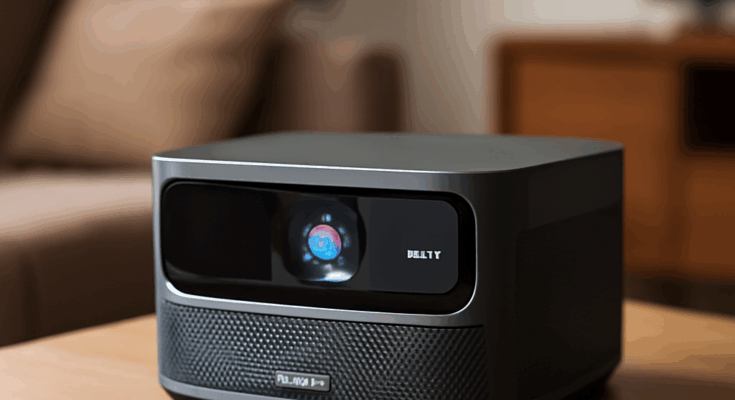 Alt-Text: „Kompakter JMGO N3K Triple-Laser-Heimkino-Projektor auf einem Wohnzimmertisch, projiziert ein großes, helles 4K-Bild an die Wand; beworben mit integriertem Google TV und einem Preis von 1.199 Euro.“