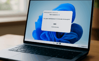 Beitragsbild zeigt das Windows 11 Logo vor einem Bildschirm mit Update-Symbol, symbolisiert die automatische Aktualisierung von Windows 11 Version 23H2 auf 25H2 durch Microsoft.