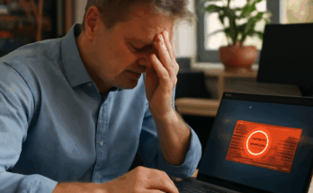 Symbolbild eines genervten Computer-Nutzers vor einem Windows-Desktop mit eingeblendetem Warnhinweis zu Firewall- oder Sicherheitsproblemen nach einem fehlerhaften Windows-Update.