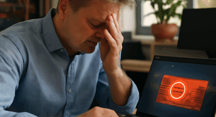 Symbolbild eines genervten Computer-Nutzers vor einem Windows-Desktop mit eingeblendetem Warnhinweis zu Firewall- oder Sicherheitsproblemen nach einem fehlerhaften Windows-Update.