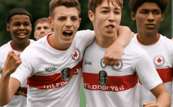Alt-Text: „Jubelnde Nachwuchsspieler des SSV Jahn Regensburg auf dem Fußballplatz, Symbolbild für die erfolgreichen Wochenenden der U17 mit dem 5:3-Heimsieg gegen Heidenheim und der U19 mit dem Auswärtssieg bei Eintracht Frankfurt.“