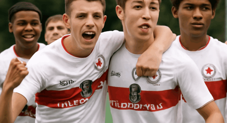 Alt-Text: „Jubelnde Nachwuchsspieler des SSV Jahn Regensburg auf dem Fußballplatz, Symbolbild für die erfolgreichen Wochenenden der U17 mit dem 5:3-Heimsieg gegen Heidenheim und der U19 mit dem Auswärtssieg bei Eintracht Frankfurt.“