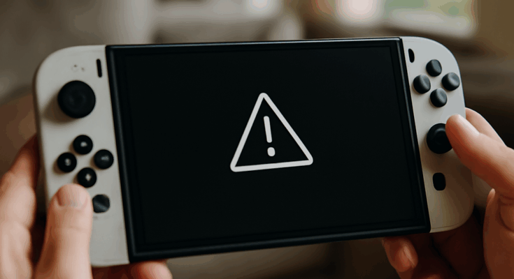 Nintendo Switch 2 mit geöffnetem Update-Bildschirm, Symbol für technische Probleme und Verbindungsabbrüche, Nutzer berichten von Firmware-Fehlern nach neuem System-Update.