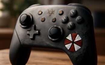 Nintendo Switch 2 Pro-Controller in limitierter Resident Evil Special Edition mit mattschwarzem Gehäuse, roten Akzenten und Umbrella Corporation-Logo auf der Rückseite.