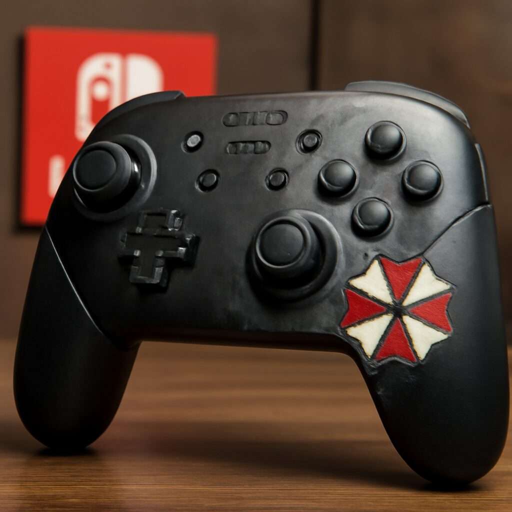 Nintendo Switch 2 Pro-Controller in limitierter Resident Evil Special Edition mit mattschwarzem Gehäuse, roten Akzenten und Umbrella Corporation-Logo auf der Rückseite.