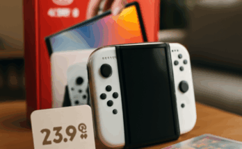 Nintendo Switch-Konsole mit Bestseller-Spielen, Angebotspreis 23,99 Euro statt 39,99 Euro, abgebildet mit Verpackung und Controller.