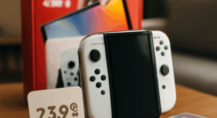 Nintendo Switch-Konsole mit Bestseller-Spielen, Angebotspreis 23,99 Euro statt 39,99 Euro, abgebildet mit Verpackung und Controller.