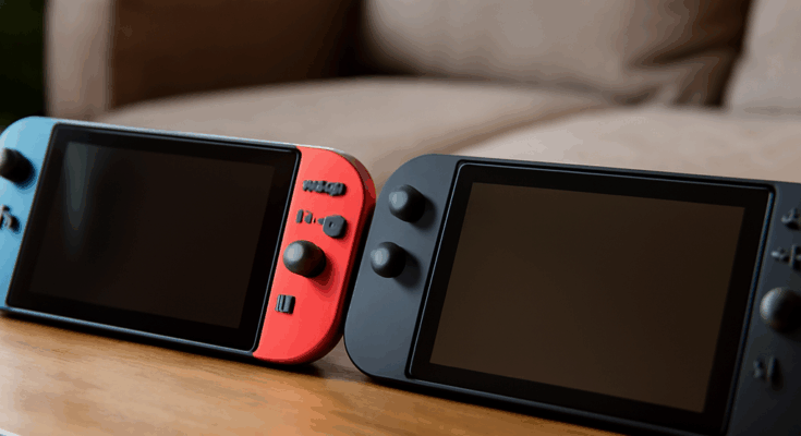 Beitragsbild mit Nintendo Switch und Nintendo Switch 2 Konzeptgrafik, die technische Verbesserungen und neue Features der kommenden Konsolengeneration in KW 43/2025 zeigt.