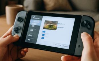 Nintendo Switch Konsole mit aktualisierter Benutzeroberfläche, die neue Share-Optionen und soziale Funktionen für einfaches Teilen von Screenshots und Videos sowie verbessertes Vernetzen von Spielern zeigt.