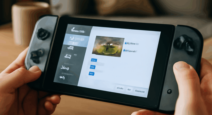 Nintendo Switch Konsole mit aktualisierter Benutzeroberfläche, die neue Share-Optionen und soziale Funktionen für einfaches Teilen von Screenshots und Videos sowie verbessertes Vernetzen von Spielern zeigt.