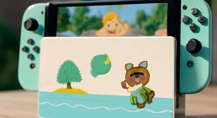 Nintendo Switch 2 in Animal Crossing: New Horizons Design mit neuem Display und frischen Spielinhalten, präsentiert auf hellem Hintergrund.