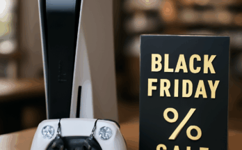 PlayStation 5 Konsole mit Black Friday Rabatt-Hinweis, Symbol für bevorstehenden Preissturz und attraktive Angebote im November 2023.