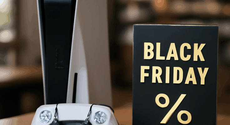 PlayStation 5 Konsole mit Black Friday Rabatt-Hinweis, Symbol für bevorstehenden Preissturz und attraktive Angebote im November 2023.