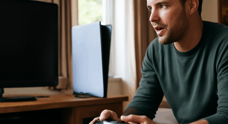 Beitragsbild zeigt einen frustrierten PlayStation-Spieler vor PS5/PS4 mit sichtbarer PSN-Fehlermeldung auf dem Bildschirm, dazu hervorgehobener Text „PSN-Ausfall seit Oktober 2025 – So kannst du trotzdem weiter zocken“.