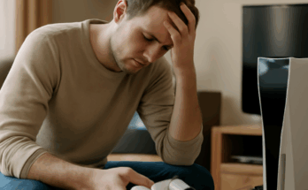 Beitragsbild mit frustrierter PlayStation-Spielerin vor PS4/PS5, auf dem Bildschirm ein PSN-Fehler oder Wartungshinweis, dazu eingeblendeter Text „PSN-Ausfall seit Oktober 2025 – Wie du jetzt trotzdem weiter zocken kannst“.