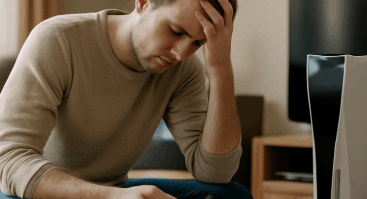 Beitragsbild mit frustrierter PlayStation-Spielerin vor PS4/PS5, auf dem Bildschirm ein PSN-Fehler oder Wartungshinweis, dazu eingeblendeter Text „PSN-Ausfall seit Oktober 2025 – Wie du jetzt trotzdem weiter zocken kannst“.