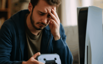 Beitragsbild zeigt eine PlayStation-Konsole mit PSN-Interface auf dem Bildschirm, dazu Warn- oder Fehlermeldungen, die Login-Probleme, fehlende Spielelizenzen und langsame Menüs im PlayStation Network andeuten.