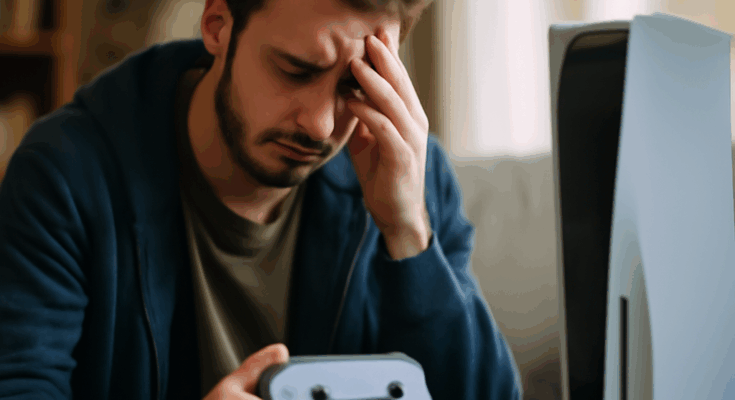 Beitragsbild zeigt eine PlayStation-Konsole mit PSN-Interface auf dem Bildschirm, dazu Warn- oder Fehlermeldungen, die Login-Probleme, fehlende Spielelizenzen und langsame Menüs im PlayStation Network andeuten.