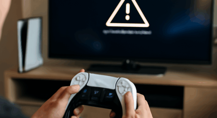 Alt-Text: „PlayStation-Controller vor unscharfem PS5/PS4-Menü, dazu eingeblendete Warnsymbole für Netzwerk- und Lizenzfehler – sinnbildlich für aktuelle PSN-Störung mit Login-Problemen, nicht erkannten digitalen Käufen und extrem langsamen Menüs.“