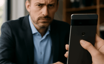 Smartphone mit Google Pixel-Logo und Symbolen für Nachrichten und Datenschutz, die das Risiko zeigen, dass Arbeitgeber durch ein Update auf dienstlichen Pixel-Handys private Nachrichten mitlesen können.