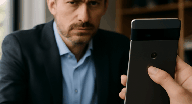 Smartphone mit Google Pixel-Logo und Symbolen für Nachrichten und Datenschutz, die das Risiko zeigen, dass Arbeitgeber durch ein Update auf dienstlichen Pixel-Handys private Nachrichten mitlesen können.