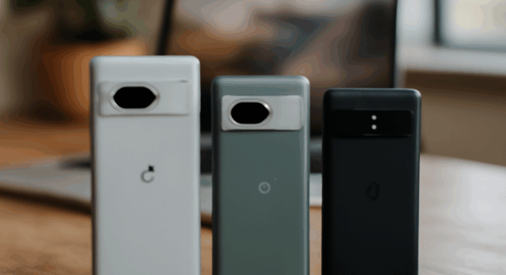 Beitragsbild zeigt Google Pixel 8 und Pixel 7 Smartphones nebeneinander, Fokus auf modernes Design und Kamera, Symbol für günstige Vorgängermodelle als attraktive Alternative.