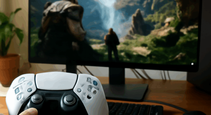 Beitragsbild zeigt ein ikonisches PlayStation-Spiel, das nach langer Zeit erstmals auf dem PC veröffentlicht wird, symbolisiert durch Controller von PlayStation und PC sowie Gaming-Elemente.
