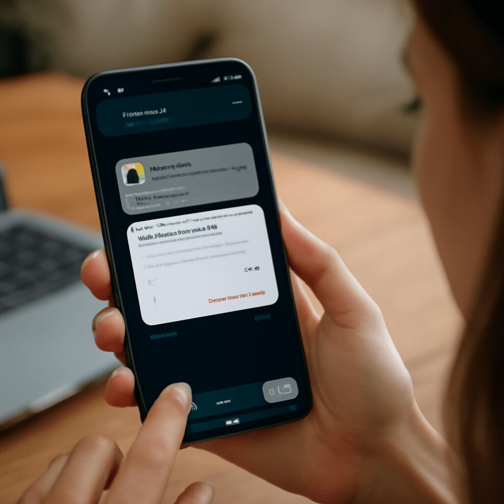 Smartphone mit geöffnetem WhatsApp-Chat, in dem ein angeblicher Amazon-Kontakt mit Logo und Locknachricht zu sehen ist; der Finger des Nutzers schwebt über den Optionen zum Blockieren und Löschen des Chats.