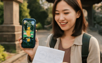 Pokémon GO Stempel-Rallye: Spieler erkunden mit Augmented Reality lokale Sehenswürdigkeiten und sammeln digitale Stempel bei einem interaktiven Sightseeing-Event im Freien.