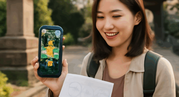 Pokémon GO Stempel-Rallye: Spieler erkunden mit Augmented Reality lokale Sehenswürdigkeiten und sammeln digitale Stempel bei einem interaktiven Sightseeing-Event im Freien.