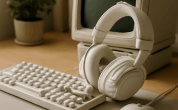 Weiße Gaming-Tastatur, -Maus und -Headset aus der Razer Phantom White Collection mit minimalistischer Retro-Optik auf schwarzem Hintergrund.