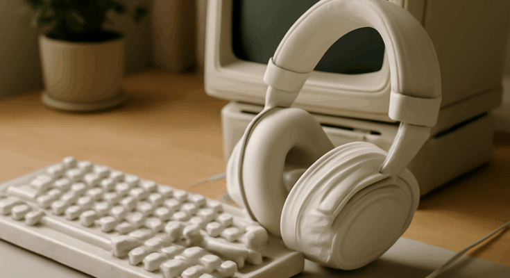 Weiße Gaming-Tastatur, -Maus und -Headset aus der Razer Phantom White Collection mit minimalistischer Retro-Optik auf schwarzem Hintergrund.