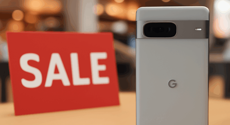 Google Pixel 10 Smartphone in Schwarz vor neutralem Hintergrund, beworben mit historischem Black-Friday-Preis von unter 620 Euro, hervorgehoben durch technische Highlights wie OLED-Display und Dual-Kamera.