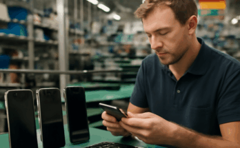 Smartphone-Produktion in Bocholt: Nahaufnahme eines modernen Smartphones „Made in Germany“ vor industriellem Hintergrund, Symbol für Innovation, Nachhaltigkeit und regionale Fertigung in Nordrhein-Westfalen.