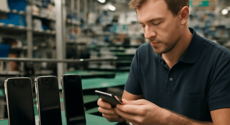 Smartphone-Produktion in Bocholt: Nahaufnahme eines modernen Smartphones „Made in Germany“ vor industriellem Hintergrund, Symbol für Innovation, Nachhaltigkeit und regionale Fertigung in Nordrhein-Westfalen.