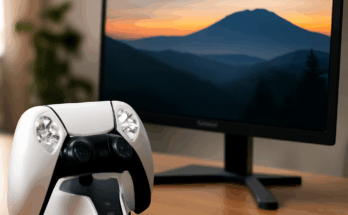 PlayStation Gaming-Monitor von Sony mit integriertem Controller-Dock, das DualSense-Controller auflädt und organisiert, vor schwarzem Hintergrund.