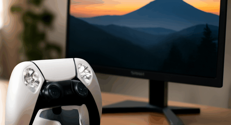 PlayStation Gaming-Monitor von Sony mit integriertem Controller-Dock, das DualSense-Controller auflädt und organisiert, vor schwarzem Hintergrund.