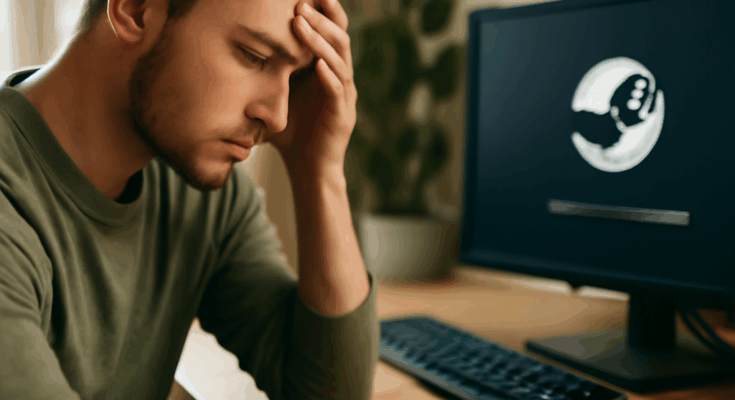 Alt-Text: „Symbolbild zur weltweiten Steam-Störung: Bildschirm mit geöffnetem Steam-Client, Fehlermeldung zur Serververbindung, im Hintergrund frustrierter Gamer am PC, der wegen eines Ausfalls nicht spielen kann.“