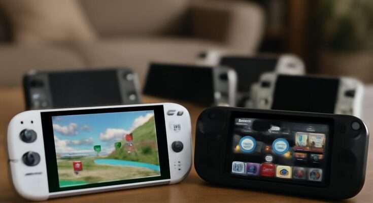 Vergleich der neuen Gaming-Handhelds Xbox Ally X mit AMD-Prozessor und Xbox Game Pass gegen Nintendos Switch 2 mit OLED-Display und exklusiven Spielen – mobile Gaming-Geräte für unterschiedliche Ansprüche.