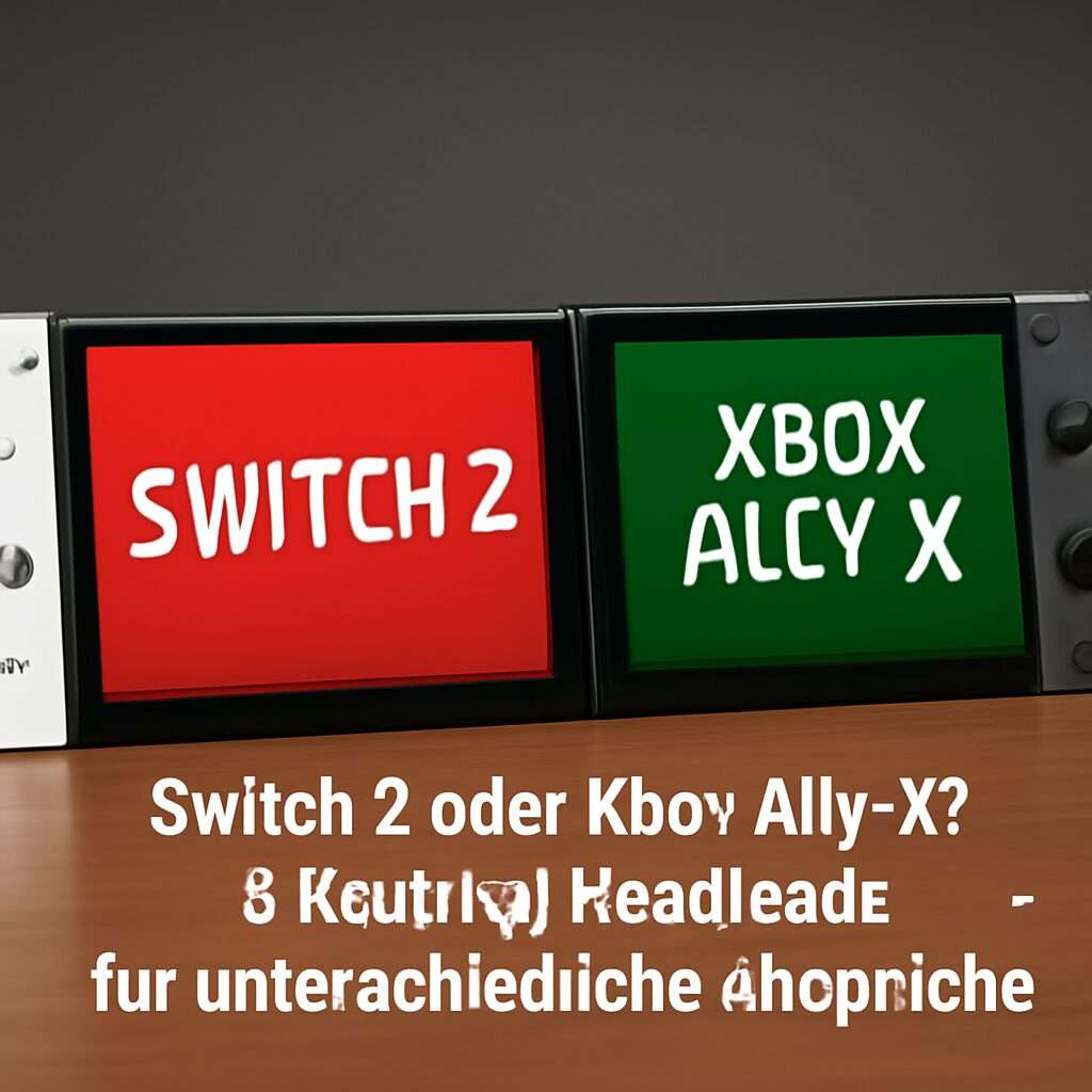 Vergleich der neuen Gaming-Handhelds Xbox Ally X mit AMD-Prozessor und Xbox Game Pass gegen Nintendos Switch 2 mit OLED-Display und exklusiven Spielen – mobile Gaming-Geräte für unterschiedliche Ansprüche.