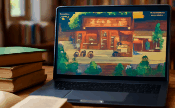 Beitragsbild zeigt die liebevoll gestaltete Pixelgrafik des PC-Spiels Tiny Bookshop mit einem kleinen, gemütlichen Buchladen und einem Buchhändler, der Kunden betreut – ideal für Fans von Büchern und entspannter Simulation.