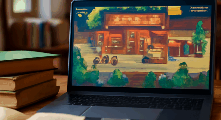 Beitragsbild zeigt die liebevoll gestaltete Pixelgrafik des PC-Spiels Tiny Bookshop mit einem kleinen, gemütlichen Buchladen und einem Buchhändler, der Kunden betreut – ideal für Fans von Büchern und entspannter Simulation.