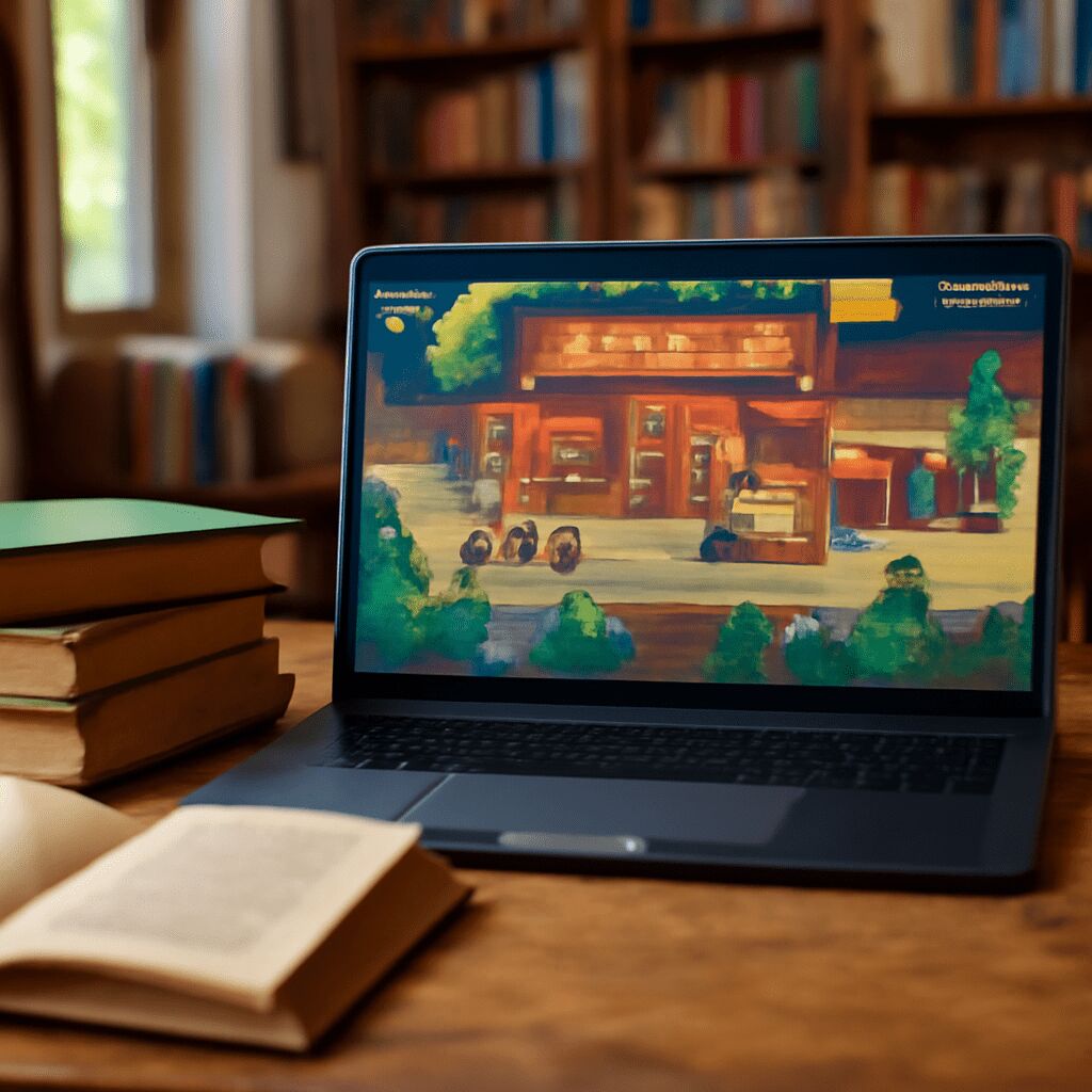 Beitragsbild zeigt die liebevoll gestaltete Pixelgrafik des PC-Spiels Tiny Bookshop mit einem kleinen, gemütlichen Buchladen und einem Buchhändler, der Kunden betreut – ideal für Fans von Büchern und entspannter Simulation.