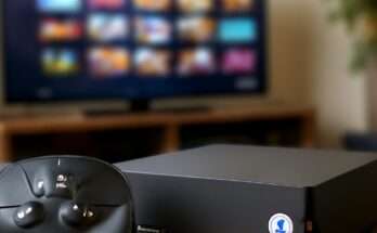 Valve Steam Machine 2024: Moderne Gaming-Konsole mit PC-Hardware und Steam-Integration als Herausforderer von PlayStation und Xbox, präsentiert in einem stilvollen Wohnzimmer-Setup.